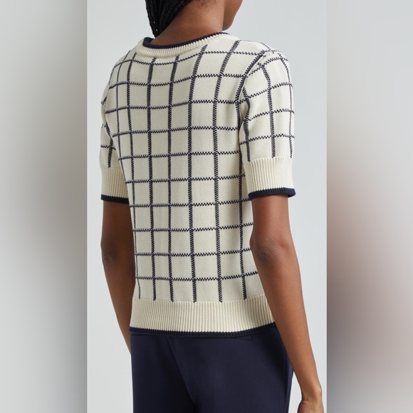 Veronica Beard Windowpane Check Short Sleeve Sweater - Ivory and Navy - Picture 3 of 7